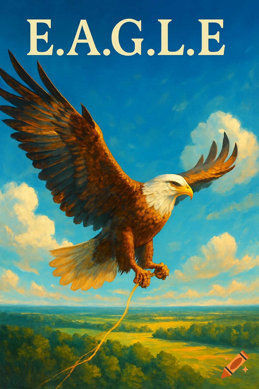 A majestic bald eagle soars with outstretched wings above a lush green and yellow landscape under a bright blue sky, holding a golden string in its talons. The word "E.A.G.L.E" is at the top in a classical font.