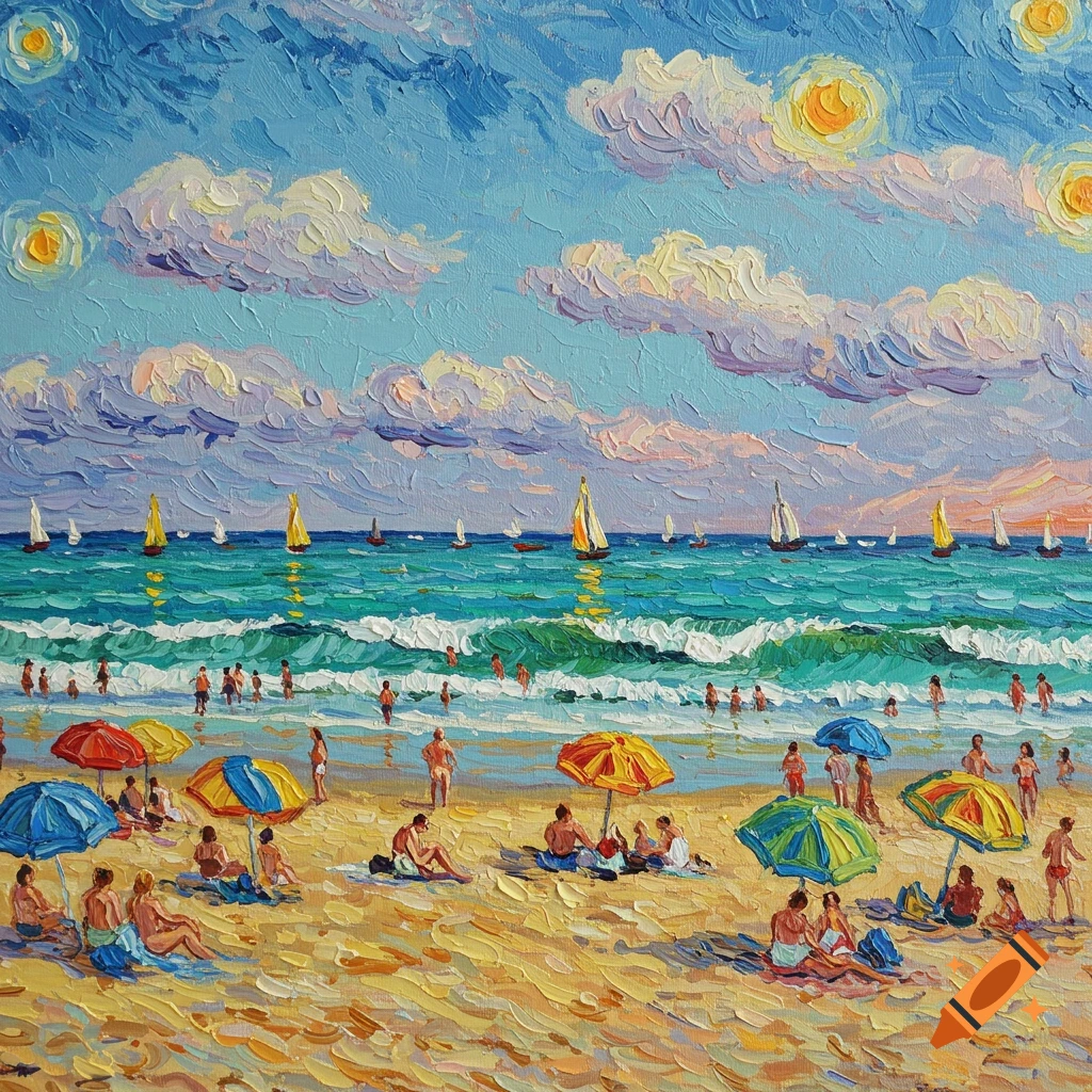 A vibrant impasto painting in Van Gogh's style of a sunny beach with many people, colorful umbrellas, and sailboats on the ocean.