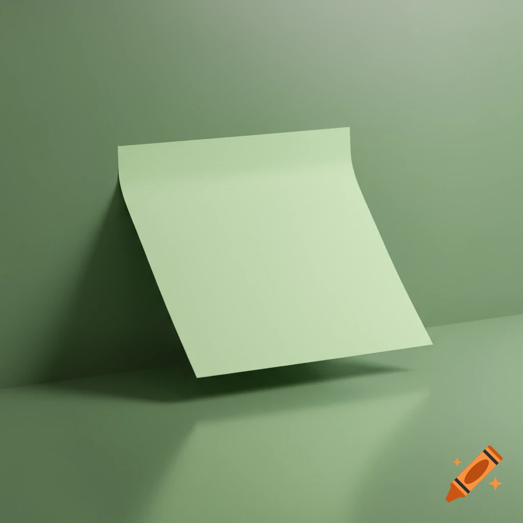 A light green sticky note leaning against a matching green wall and casting a shadow.