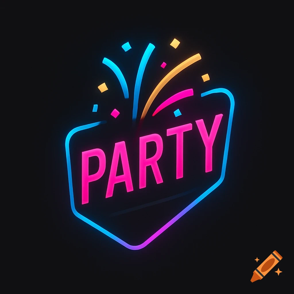 A neon sign with the word 'PARTY' in pink, outlined in blue and purple, with colorful confetti above, on a black background.