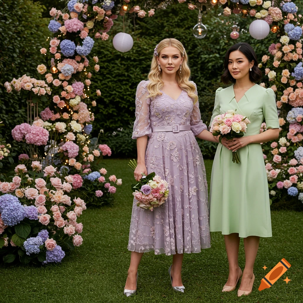 Two women in elegant dresses pose with bouquets in a twilight garden adorned with pastel flowers, fairy lights, and lanterns.