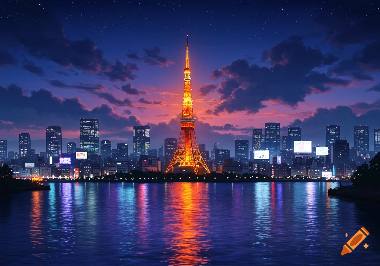 A beautifully drawn Tokyo skyline at night, with the illuminated Tokyo Tower prominently featured, reflecting vibrant lights in the water.