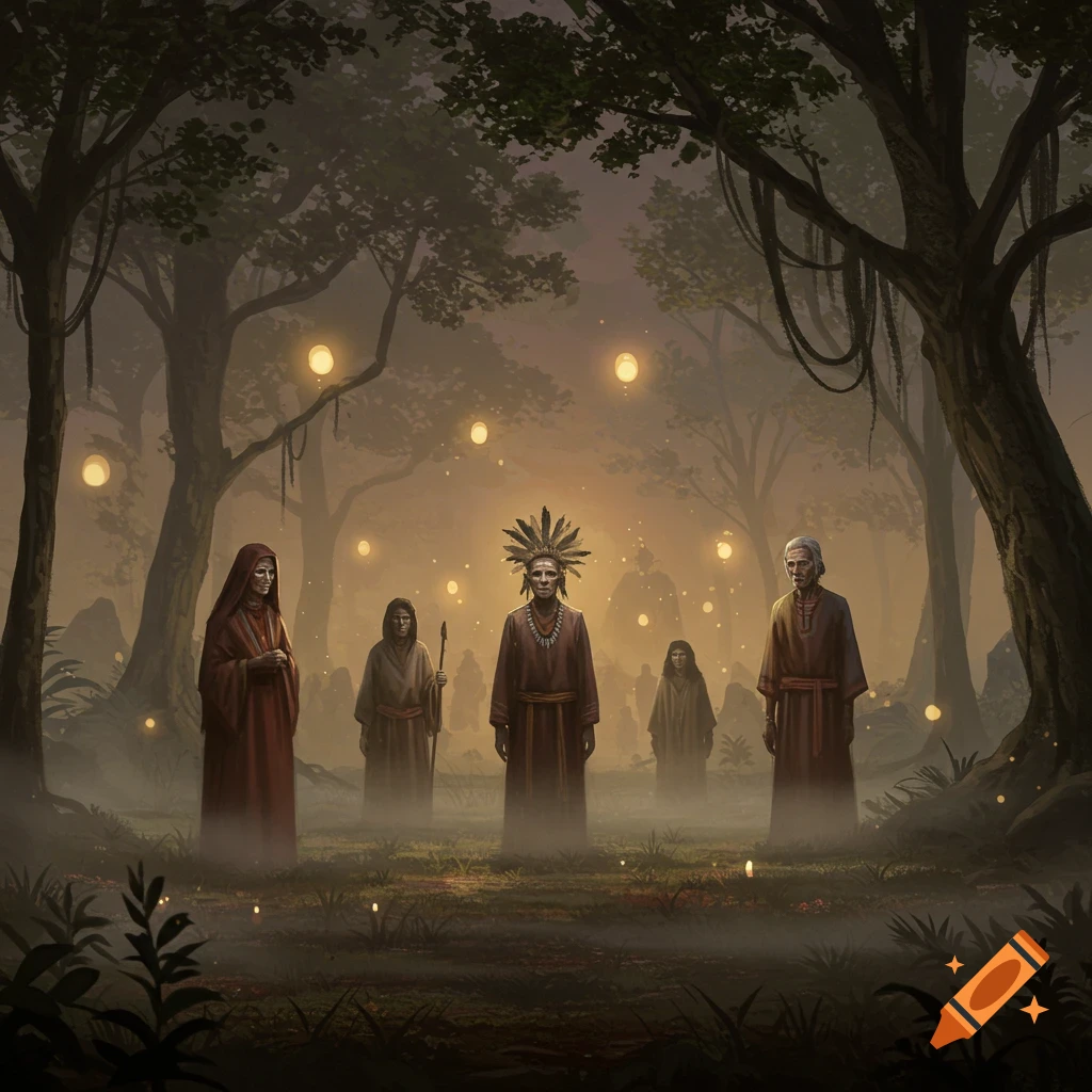 Several robed figures, including one with a feather headdress, stand in a mystical, foggy forest illuminated by glowing orbs.