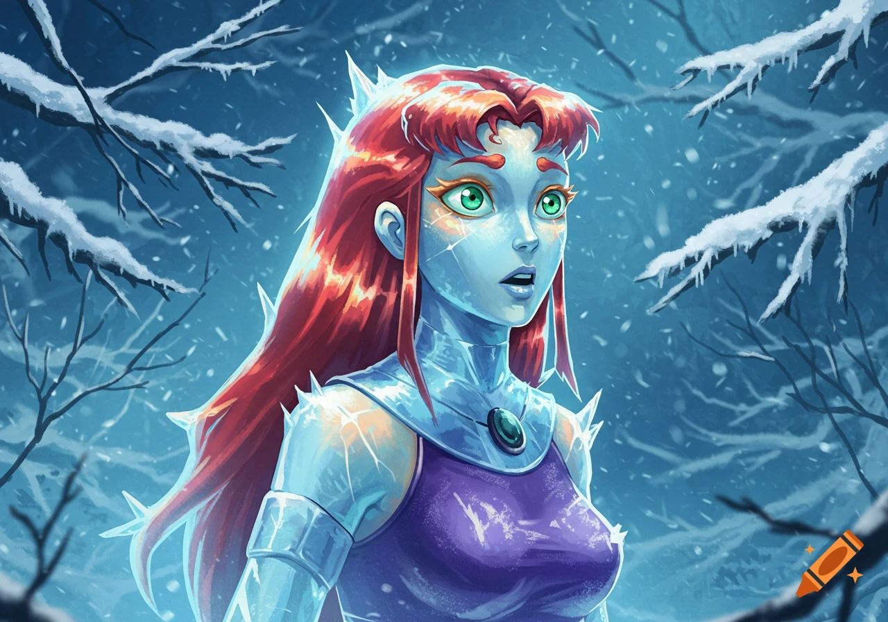 Digital illustration of Starfire as a surprised ice statue in a snowy forest.