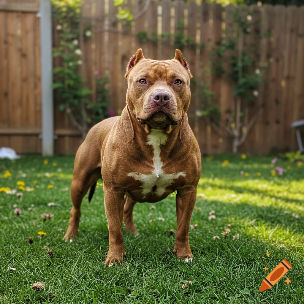 A muscular brown pitbull dog with a white chest marking stands in a grassy backyard, looking directly at the camera. A wooden fence is in the background.