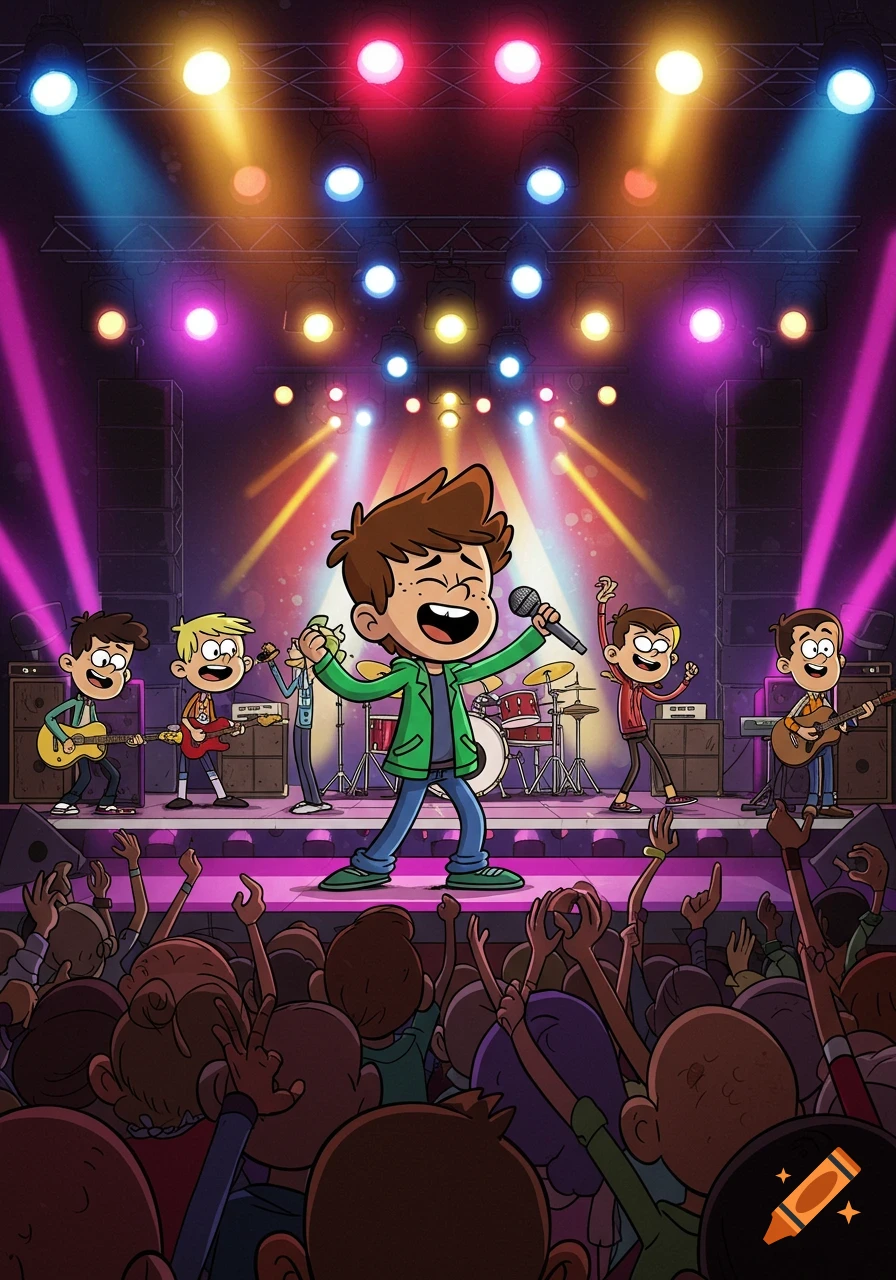 A cartoon band performs on a brightly lit stage in front of a cheering crowd. A boy in a green jacket sings into a microphone.