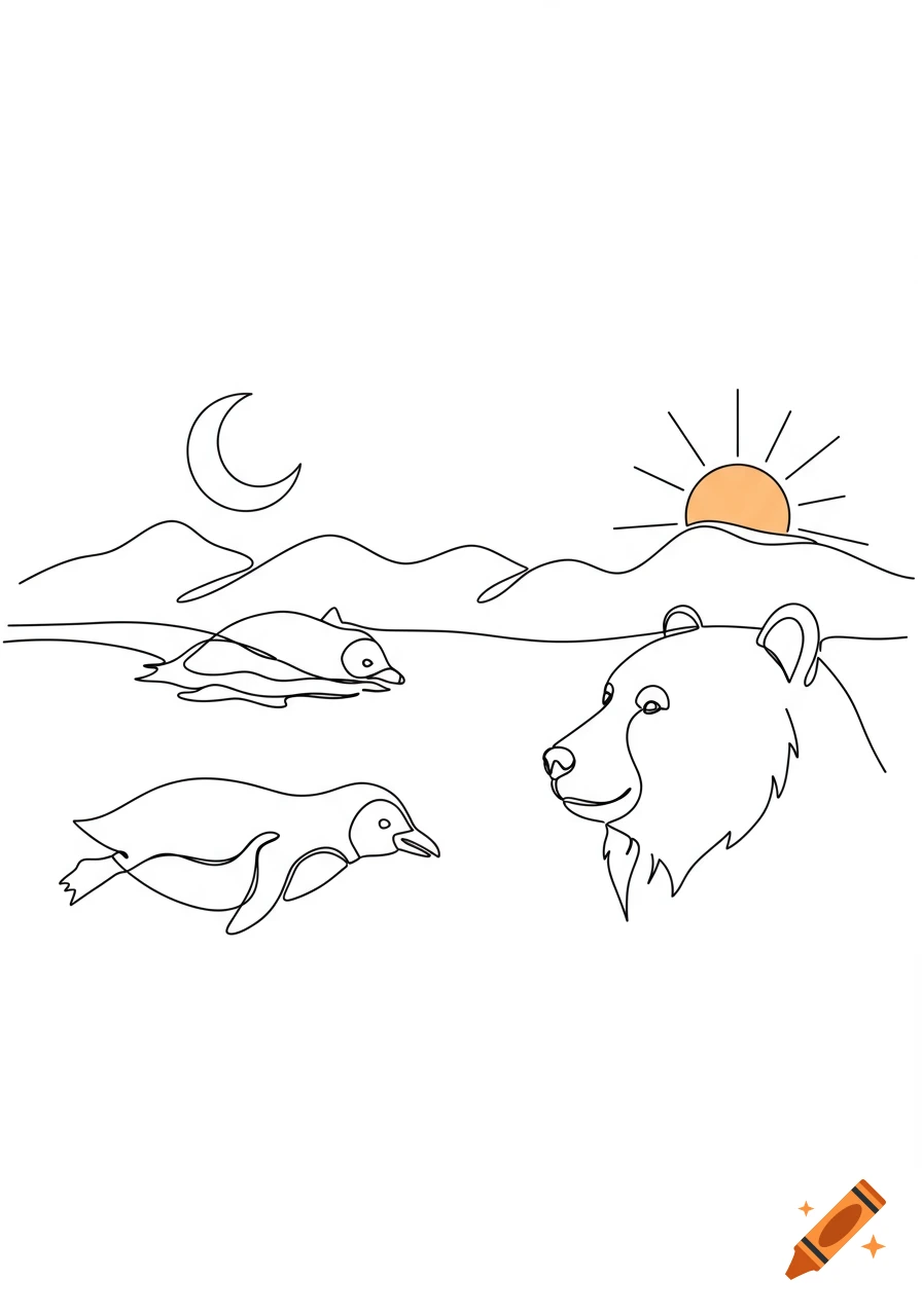 Continuous line art of a penguin and seal in the foreground, with a bear's head, mountains, moon, and sun.