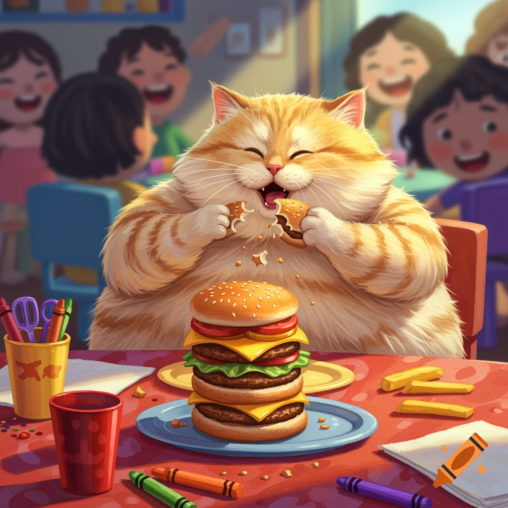 A fluffy orange cat happily eats a large hamburger at a kids' table, with other children laughing in the blurred background. Crayons and paper are on the table.