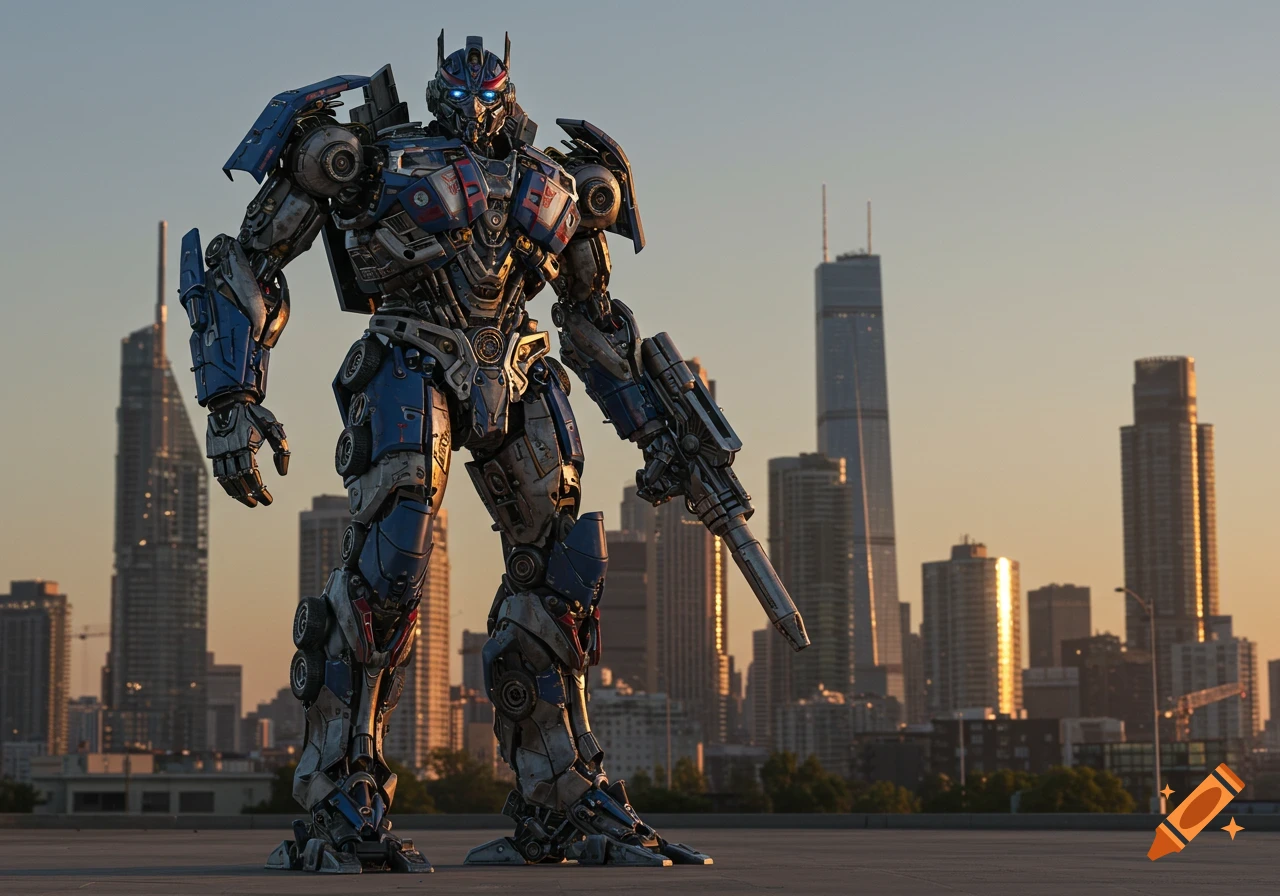 Photorealistic Optimus Prime stands on a rooftop overlooking a city skyline at sunset.