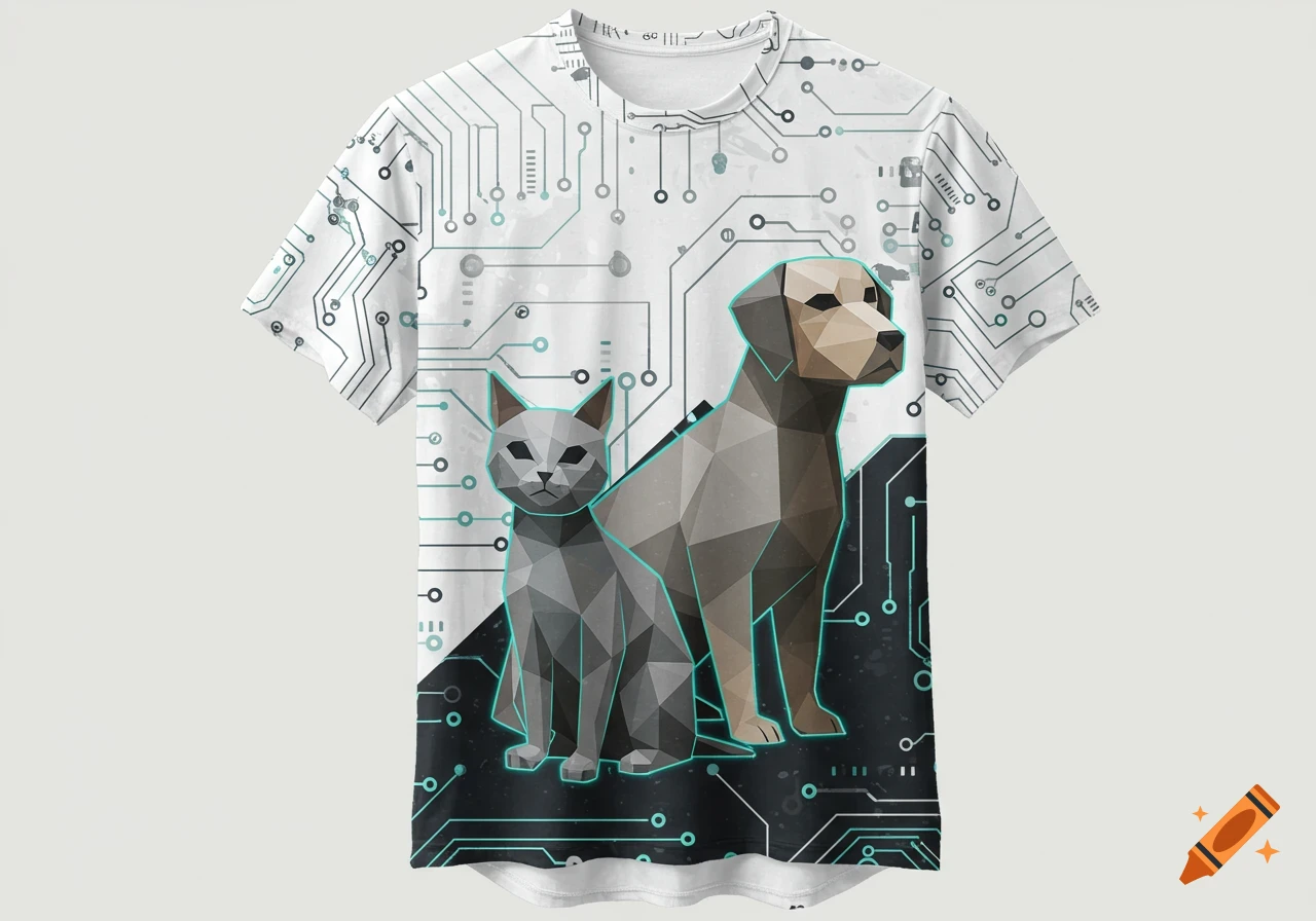 T-shirt with geometric cat and dog, set against a background of circuit board patterns.