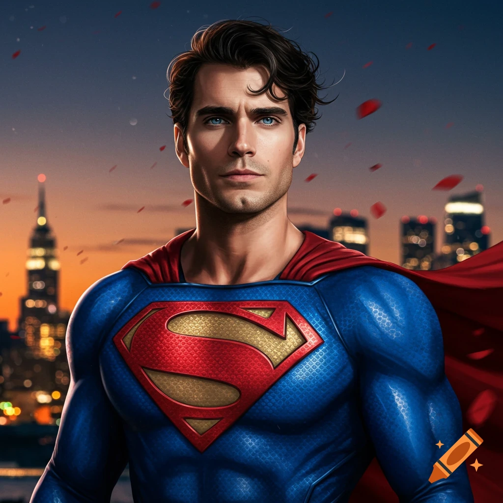 A muscular Superman, resembling Henry Cavill, stands against a sunset city skyline.