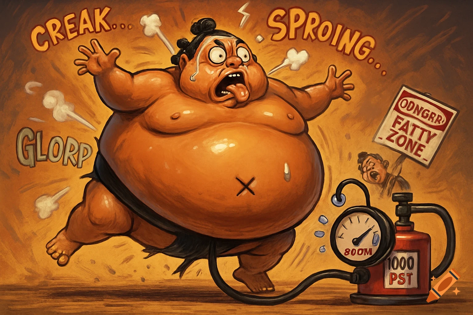 A comically exaggerated, massively inflated sumo wrestler cartoon character appears seconds from popping, with an air pump connected to his belly button and a sign in the background reading 'ODNGRR FATTY ZONE'.