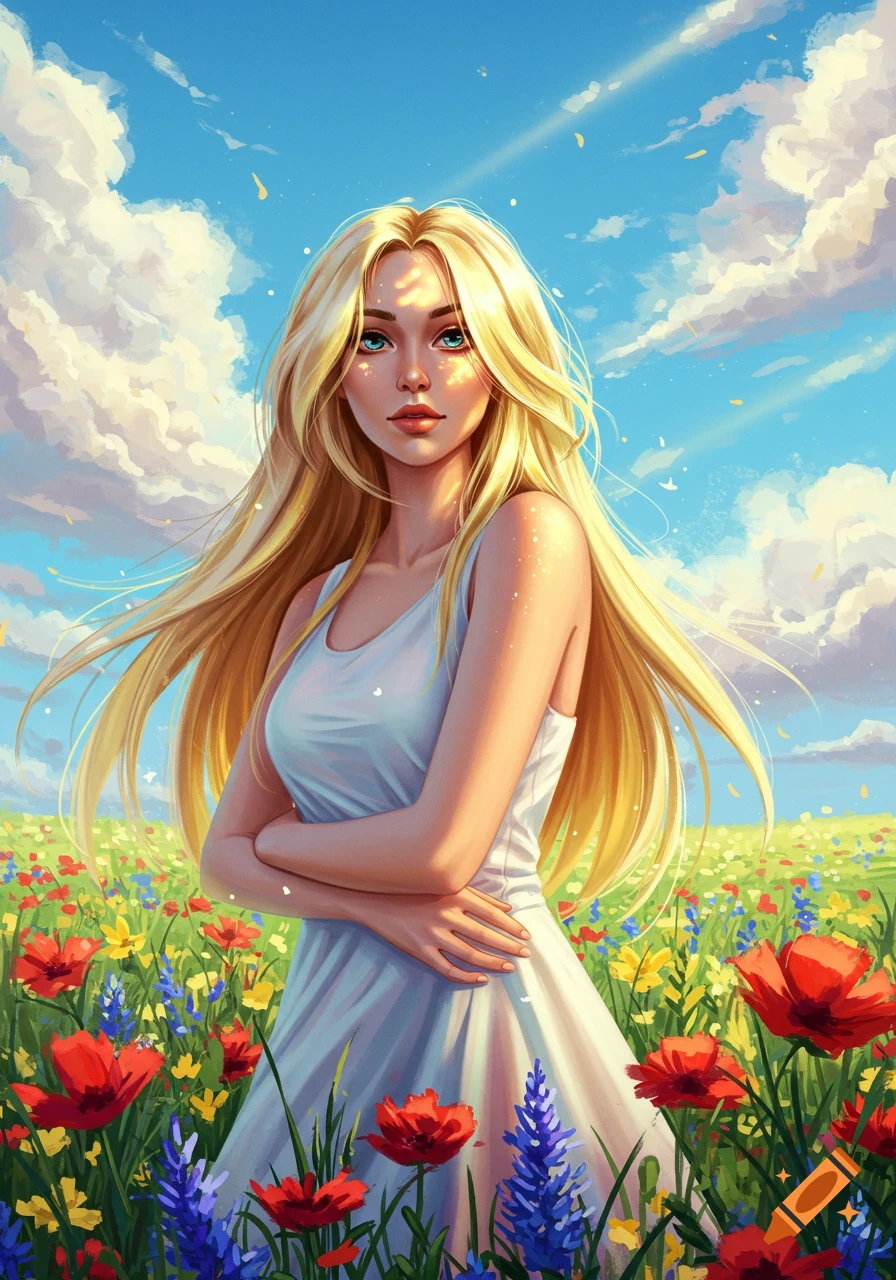 A blond woman with long flowing hair stands in a vibrant field of colorful wildflowers under a bright blue sky, digital art style.