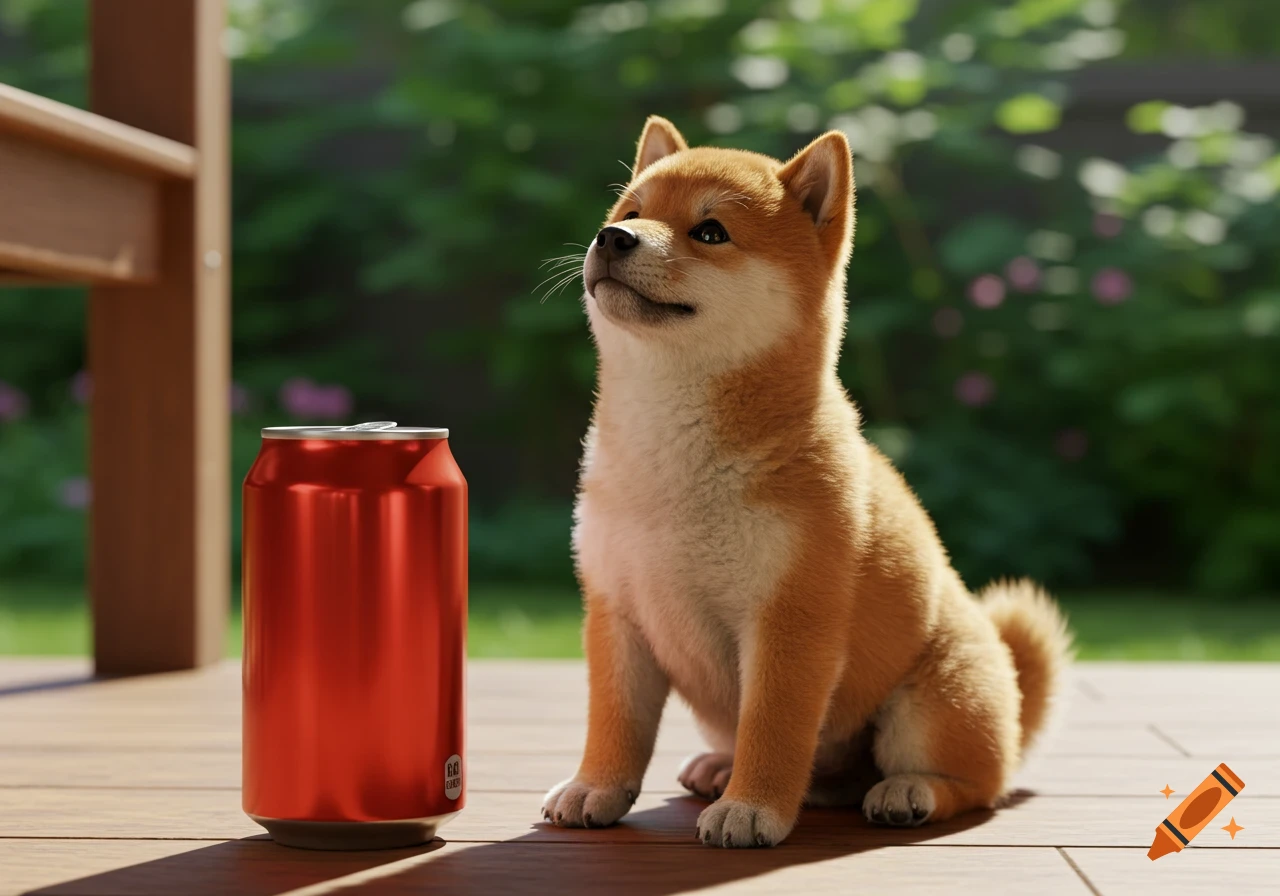 A photorealistic shiba inu puppy sits on a wooden deck, looking up, next to a red soda can.