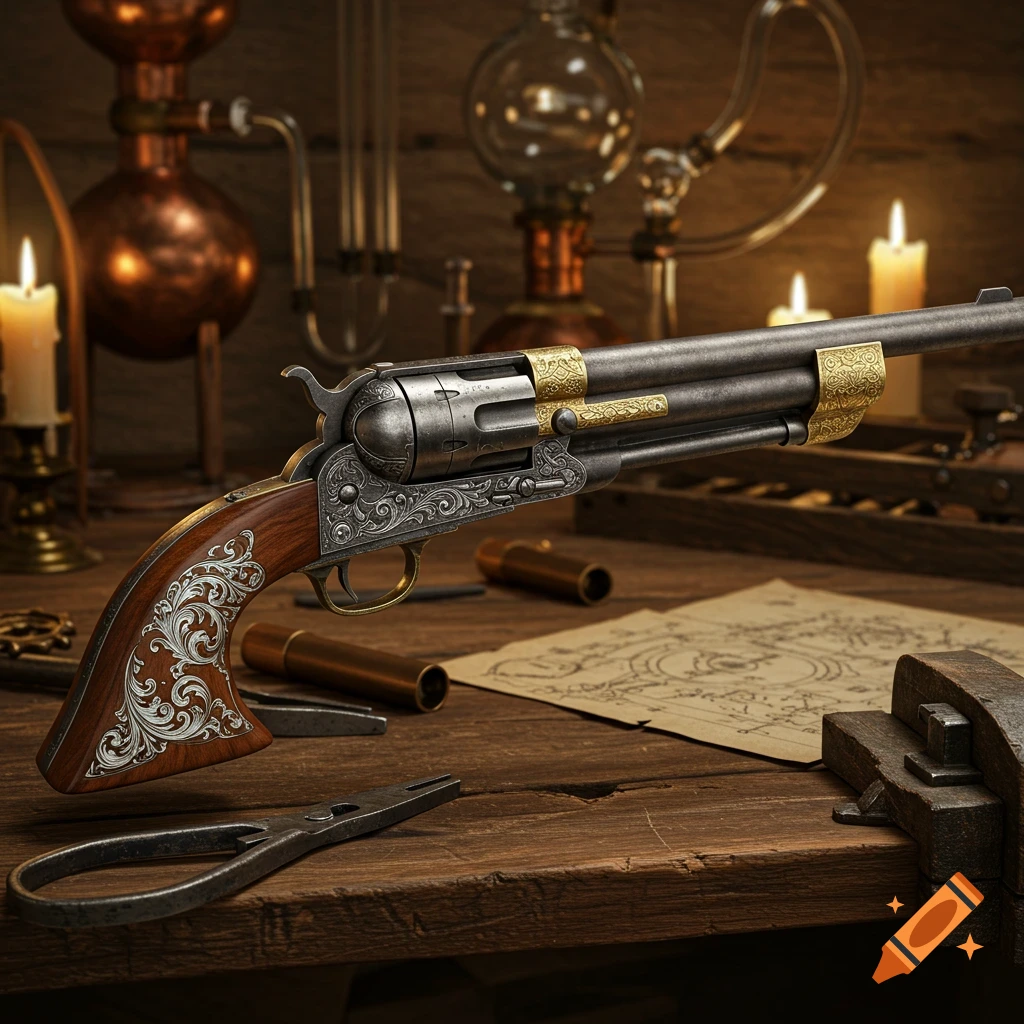 Detailed ornate revolver with brass and silver accents on a wooden workbench with tools and candles, photorealistic.