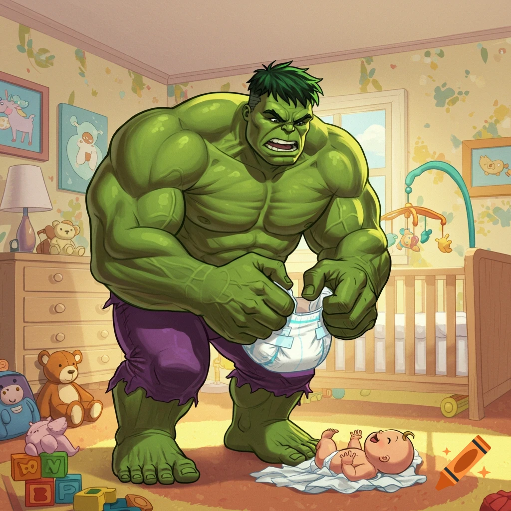 The Incredible Hulk, depicted in a cartoon style, struggles to change a baby's diaper in a brightly lit nursery.