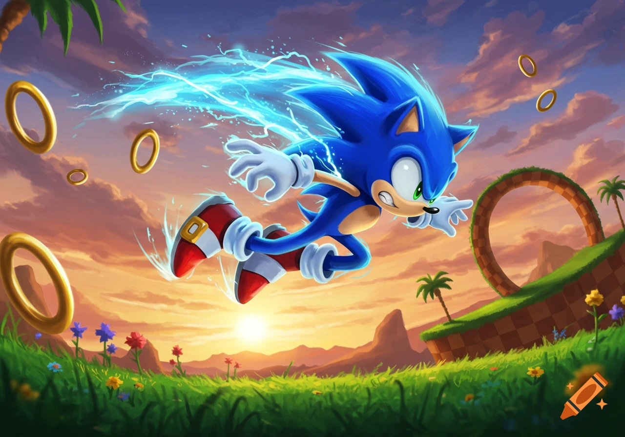 Sonic the Hedgehog running at high speed through a green landscape with floating golden rings and palm trees at sunset.