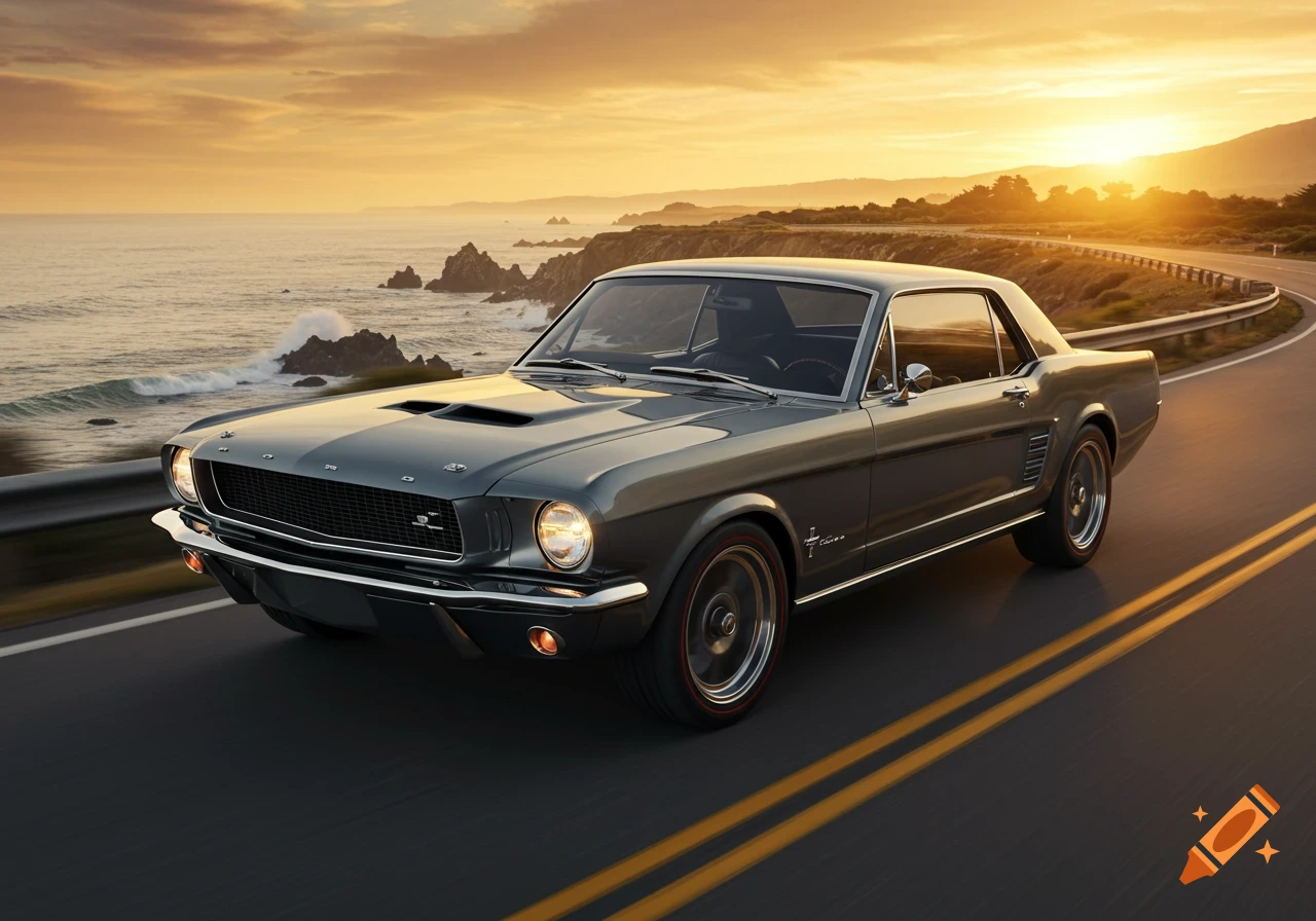 A grey classic Mustang car drives along a coastal road during sunset, with the ocean and mountains in the background.