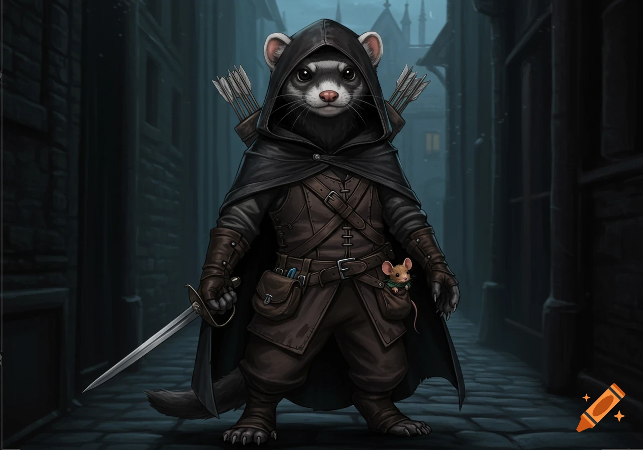 An anthropomorphic ferret rogue in a dark hooded cloak, holding a sword, with a small mouse in a pouch, stands in a moody alleyway.
