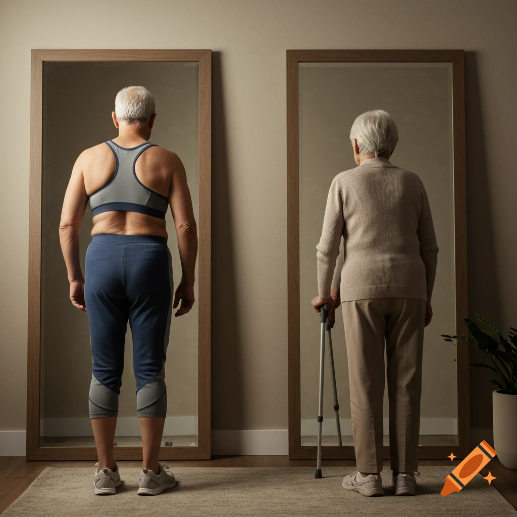 Two elderly people face mirrors. One's reflection is a younger, fit self; the other's is a frail, older self with a cane. Photorealistic.