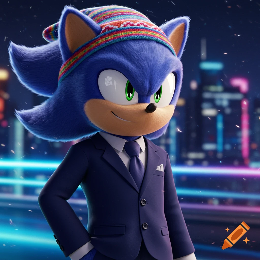 Sonic the Hedgehog in a colorful beanie and a navy blue suit and tie, against a blurred night cityscape.