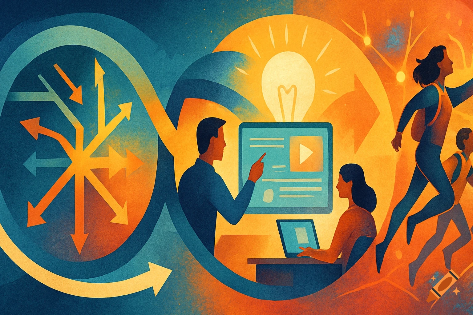 Abstract illustration of educational concepts: branching paths, a lightbulb, people learning on computers, and figures moving forward.