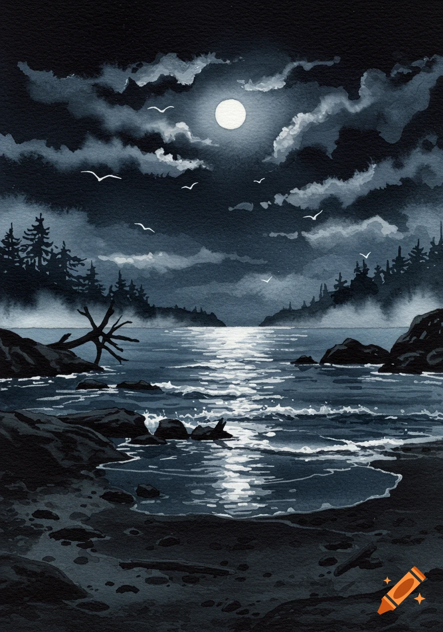 Watercolor painting of a dark, eerie moonlit ocean shore with silhouetted trees and birds.
