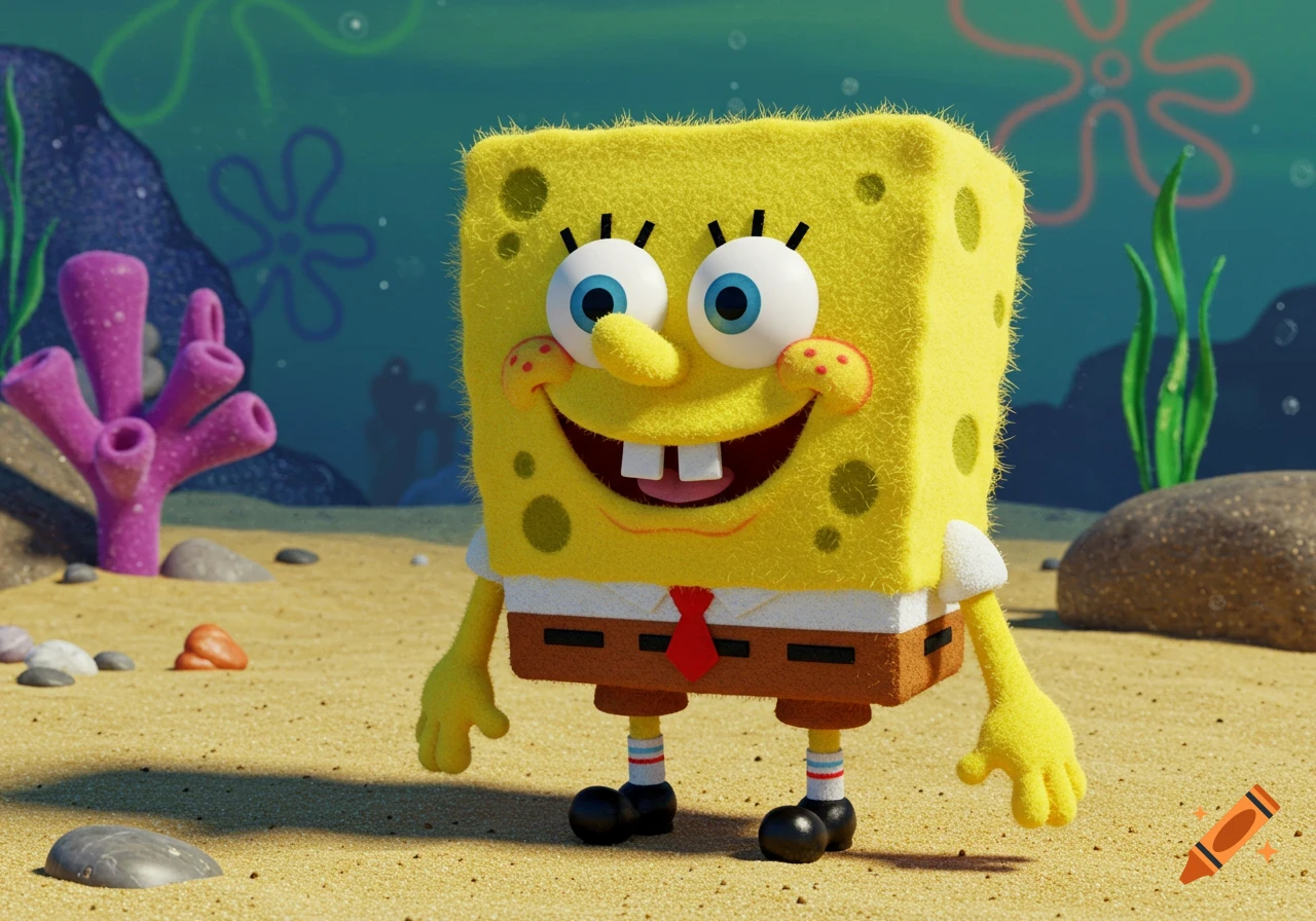 SpongeBob SquarePants, with a fuzzy Muppet-like texture, stands smiling on a sandy seabed.