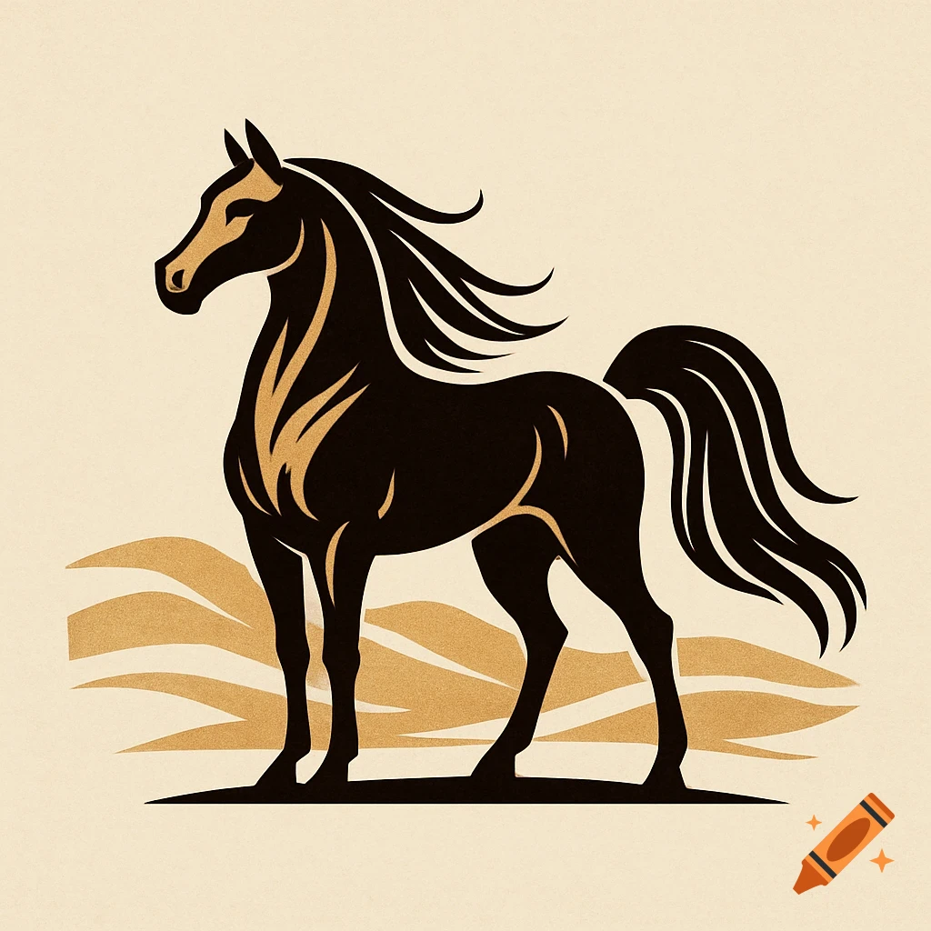 A stylized black and gold Arabian horse logo with a flowing mane and tail on a light beige background.