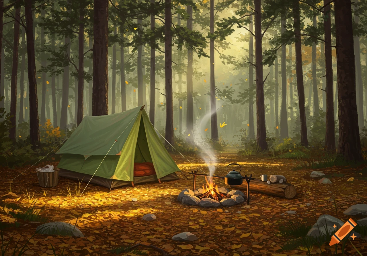 An illustrated camping scene in a sunlit forest with a green tent, campfire, and fallen autumn leaves.