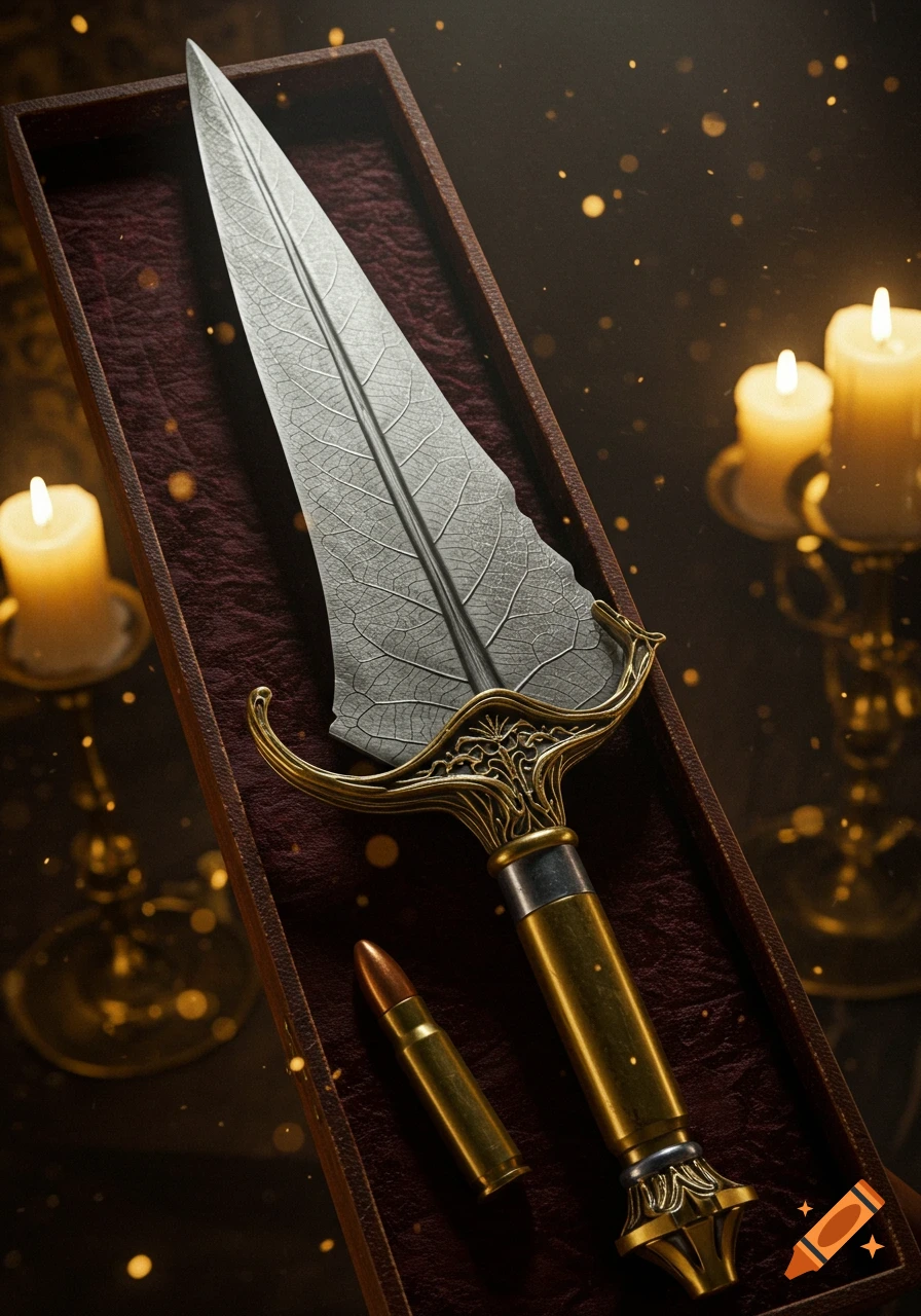 A fantasy dagger with a silver leaf-shaped blade, ornate gold handguard, and bullet handle, in a velvet-lined wooden box with flickering candles.