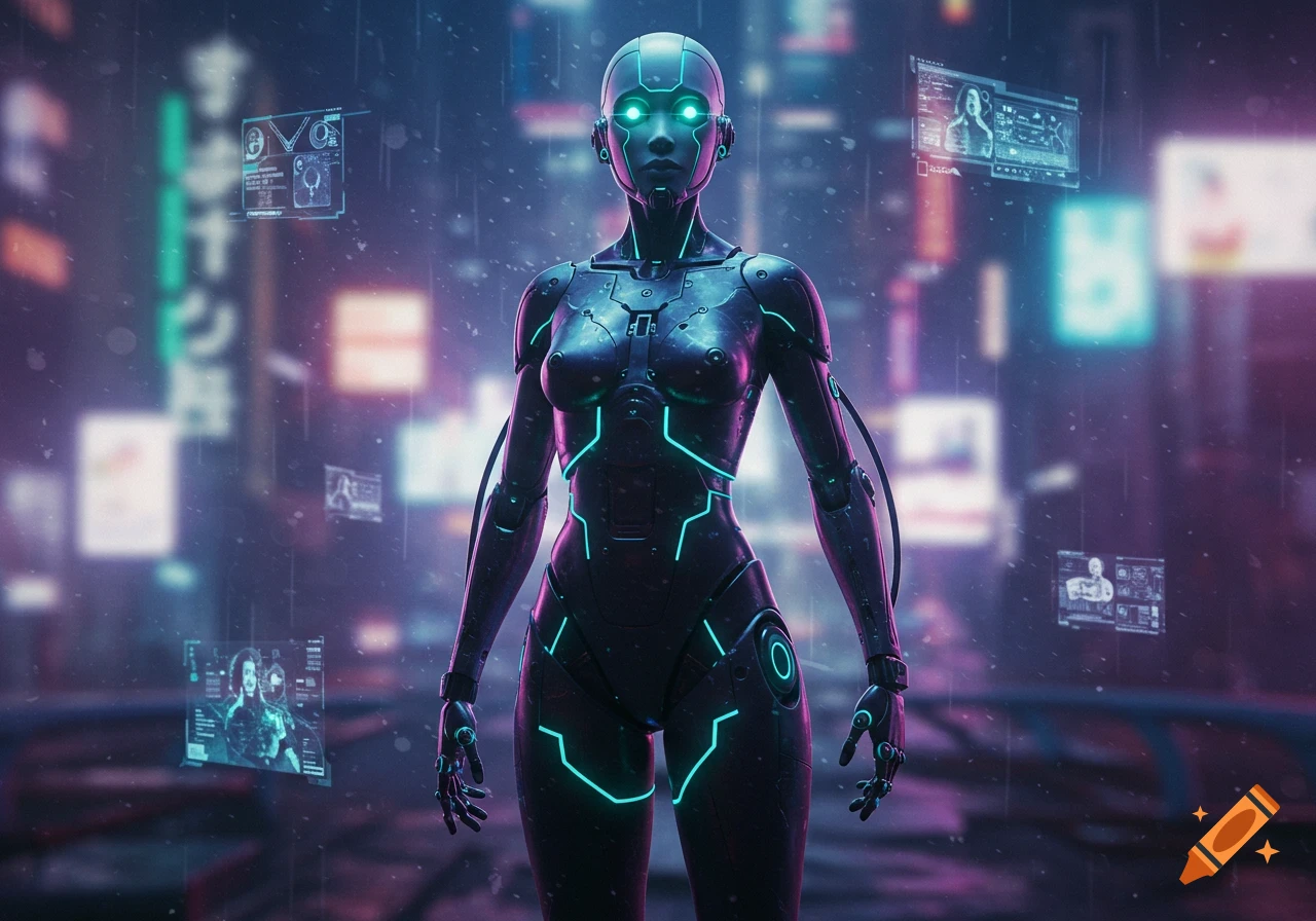 A female-shaped robot with glowing green eyes and cyan lights on its body stands in a rainy, futuristic cityscape with holographic displays, digital art style.