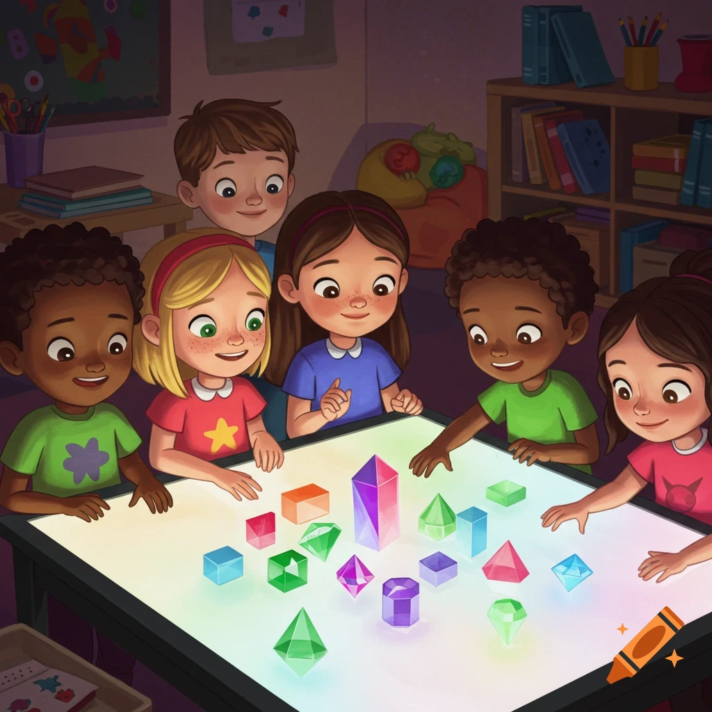 A group of diverse cartoon children excitedly gathered around a glowing light table, playing with colorful translucent geometric shapes in a classroom.