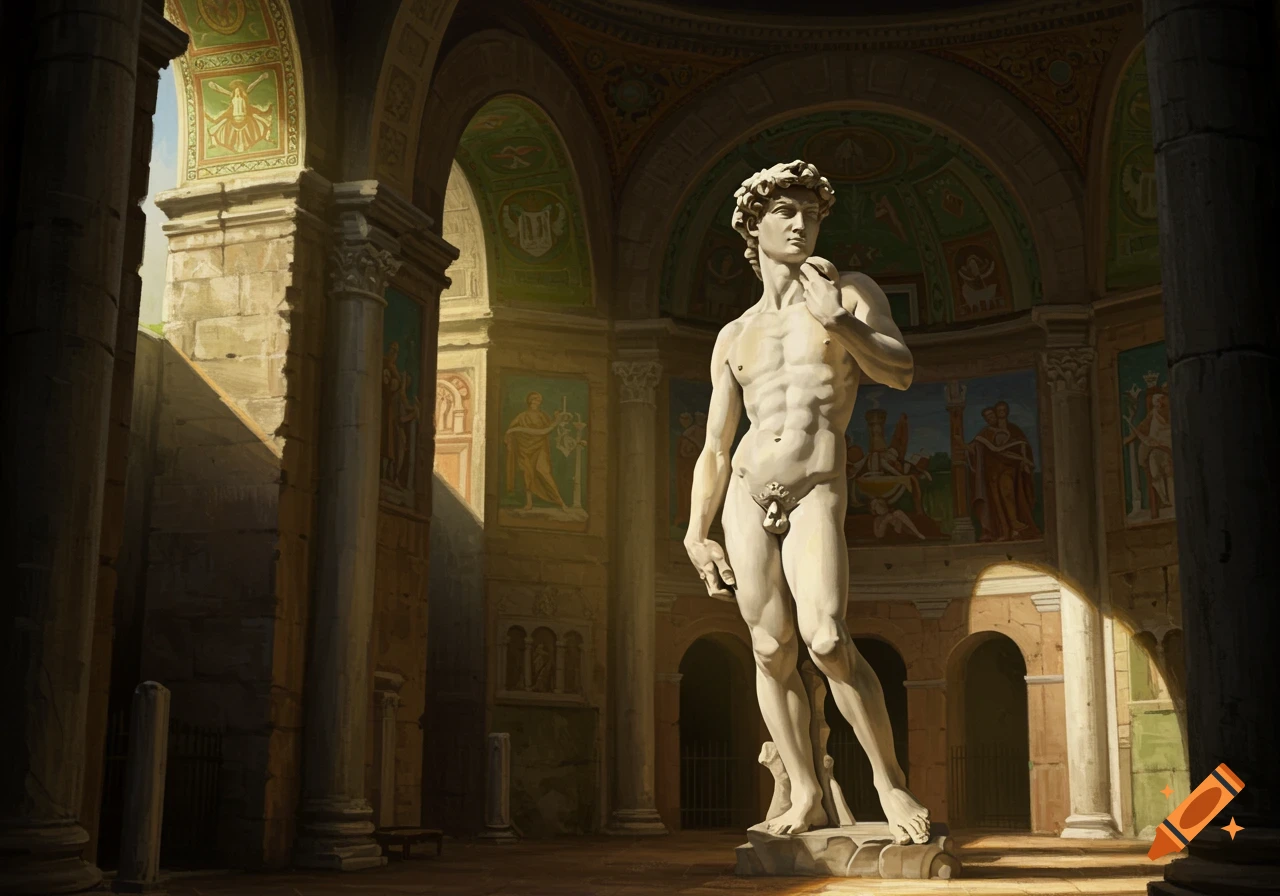 A sunlit statue of David stands in a grand classical hall with arches and painted murals.