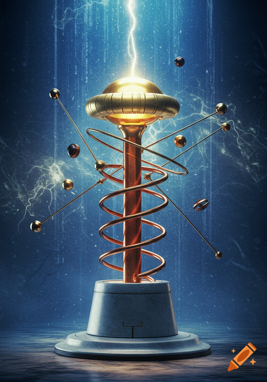 A futuristic Tesla coil with a golden dome and copper spiral emits light, surrounded by orbiting metallic elements against a glowing blue, fractal background.