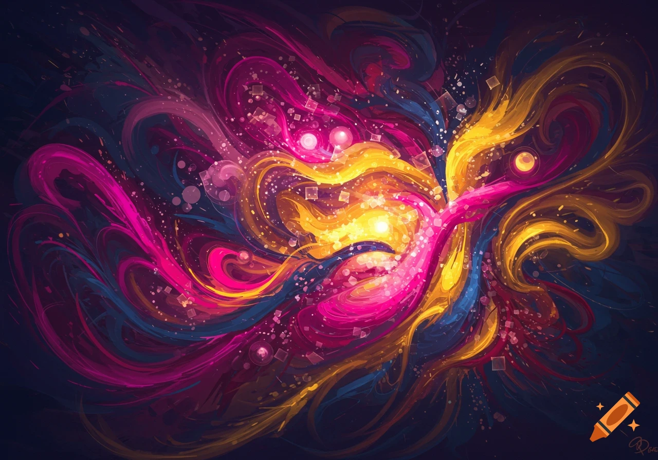 Vibrant abstract art with swirling pink, yellow, and blue strokes against a dark background, featuring luminous speckles and shapes.