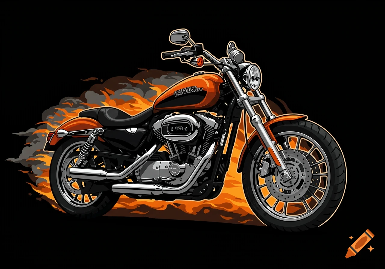 An orange and black stylized illustration of a Harley Davidson motorcycle with flames and smoke on a black background.