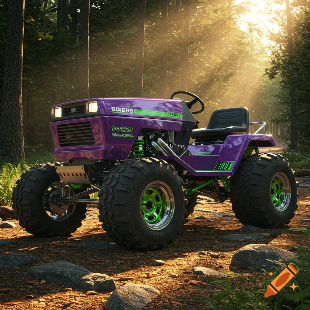 A purple and green custom offroad lawnmower with large tires, parked on a dirt path in a sun-dappled forest.