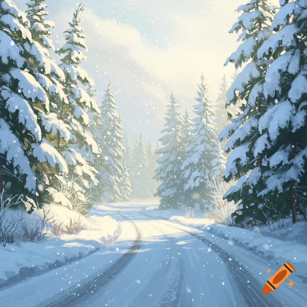 A snow-covered road winding through a dense forest of pine trees, bathed in bright winter sunlight.