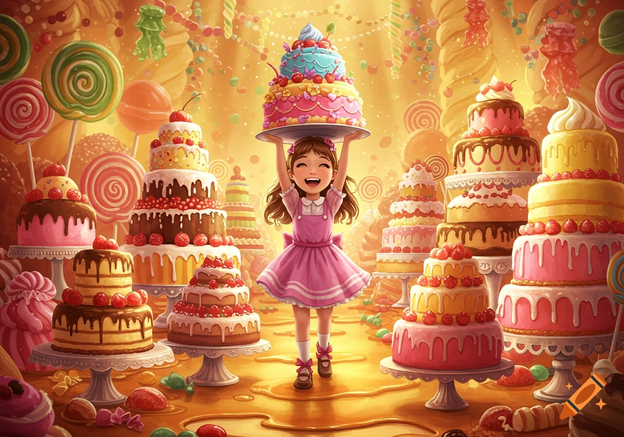 A happy young girl holds a large tiered cake surrounded by many cakes and colorful candy in a whimsical candy land.
