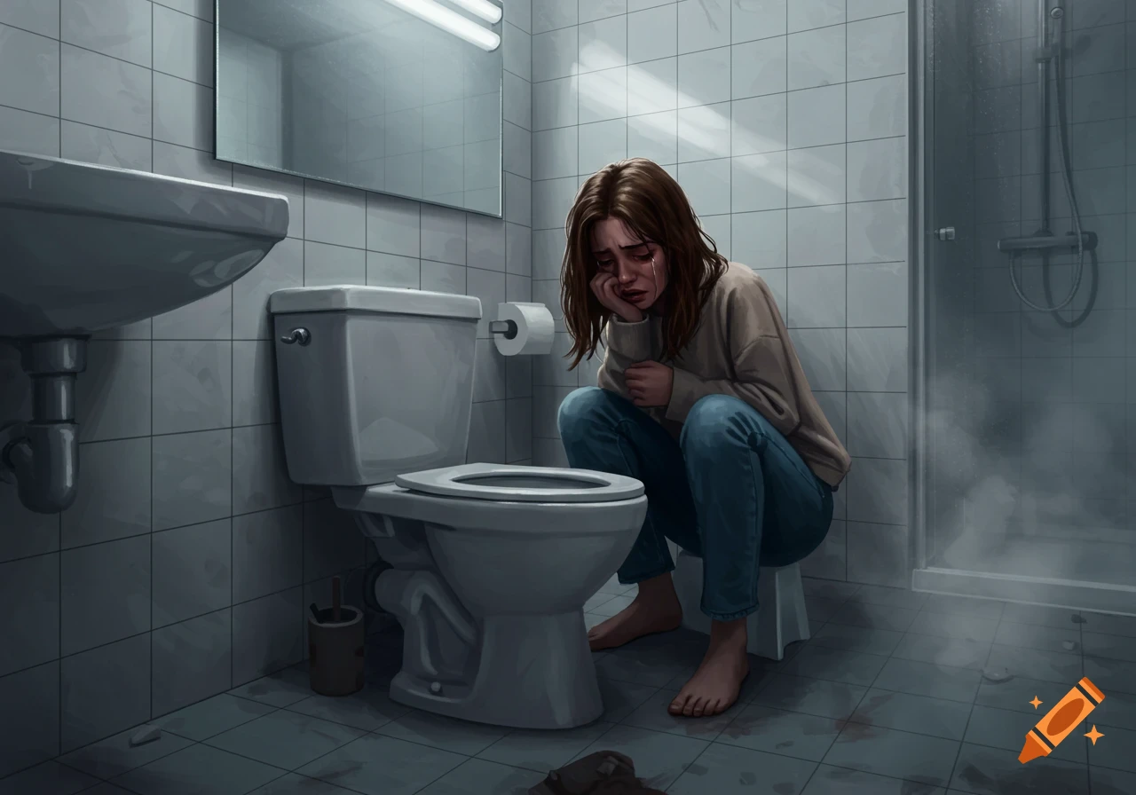 A distressed woman with dark hair crouches barefoot beside a toilet in a dimly lit, tiled bathroom, crying with her face in her hands.