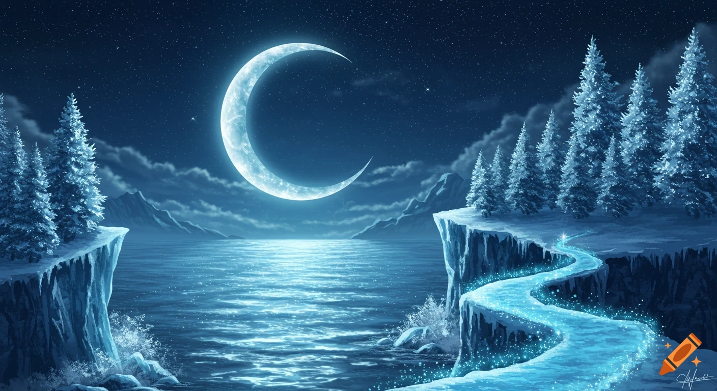 Fantasy winter night landscape with a large glowing crescent moon over an icy lake, snowy cliffs, pine trees, and a luminous blue path.