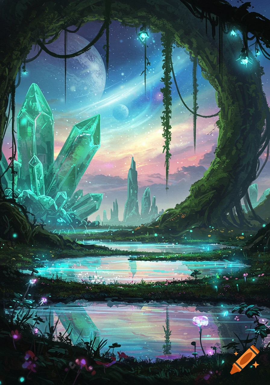 Vibrant alien landscape with glowing green crystals, luminous ponds, and planets in a colorful sky through a tree archway.