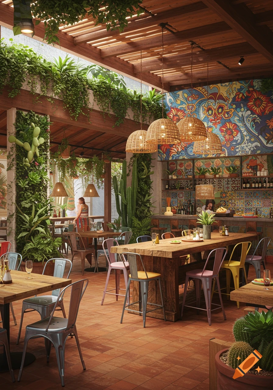 A vibrant Mexican restaurant interior with lush green plants, a wooden ceiling, terracotta floor tiles, and a colorful mural. Rattan pendant lights hang over wooden tables with colorful chairs, and a bar area is visible in the background.