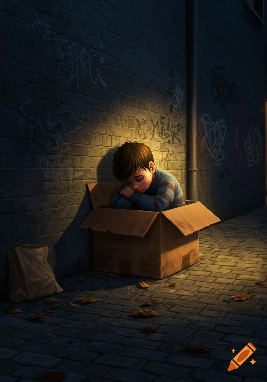 An illustration of a young boy crying inside a cardboard box in a dark, graffiti-covered alley at night.