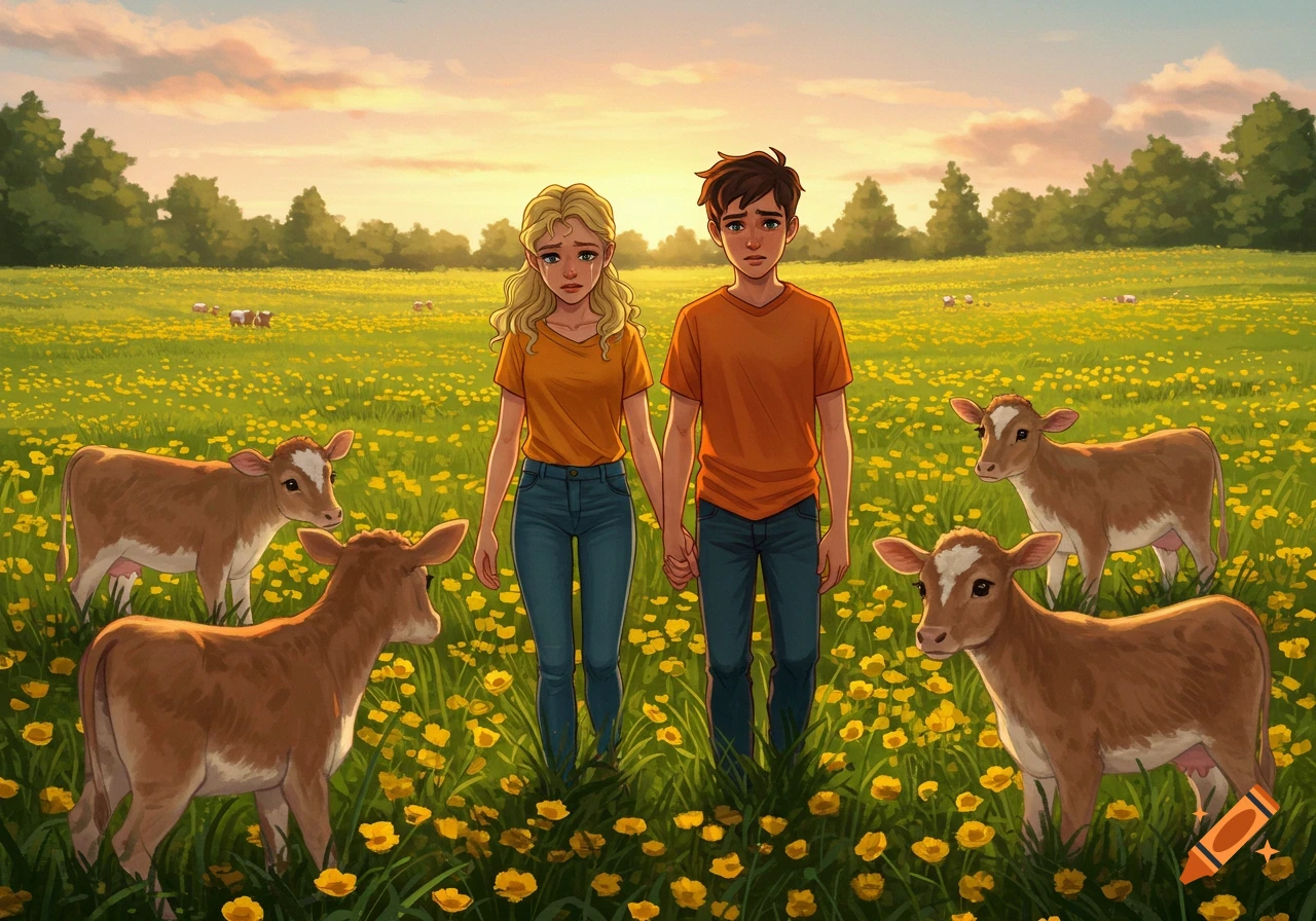 Illustrated image of two sad young people holding hands in a field of yellow flowers, surrounded by calves at sunset.