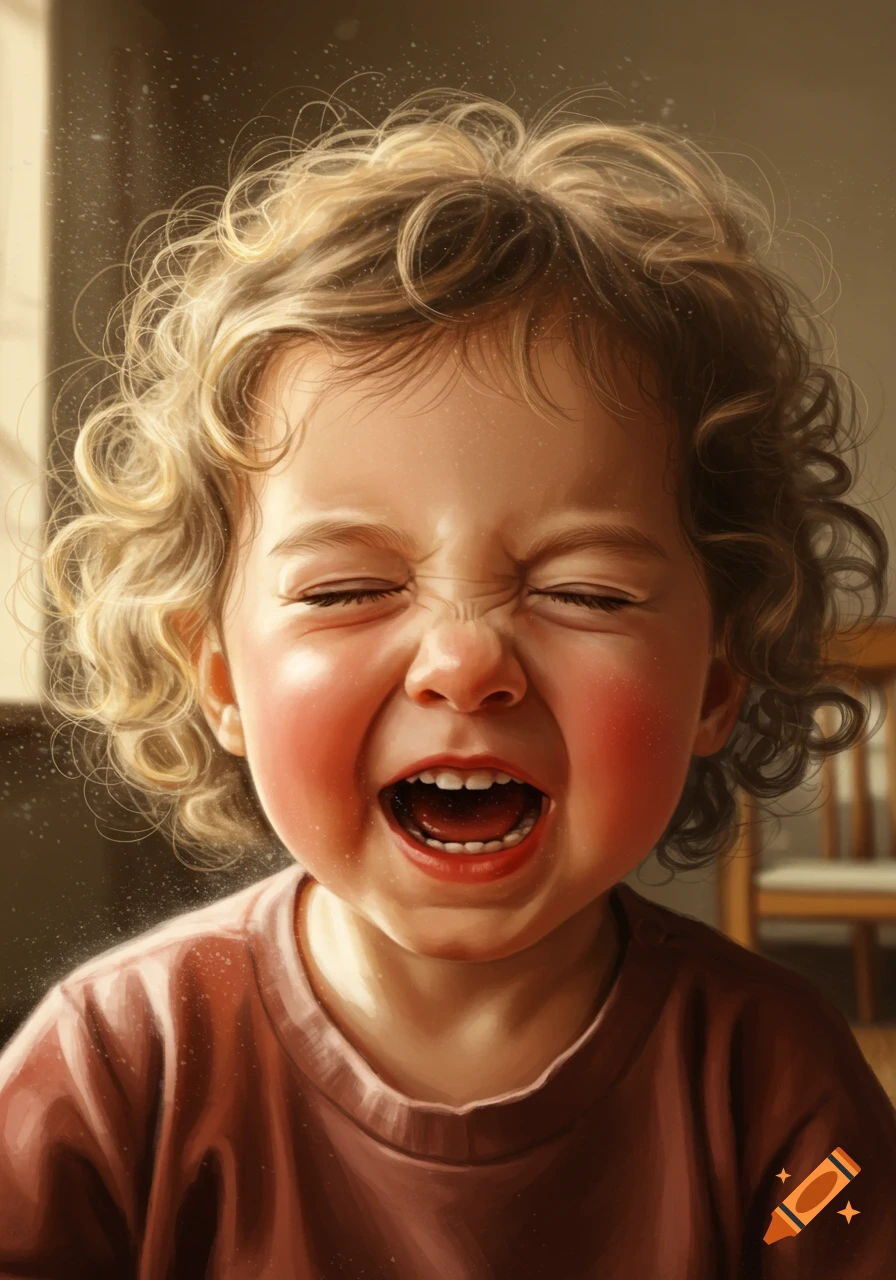 Close-up photorealistic portrait of a young child with curly hair, eyes squeezed shut and mouth open.