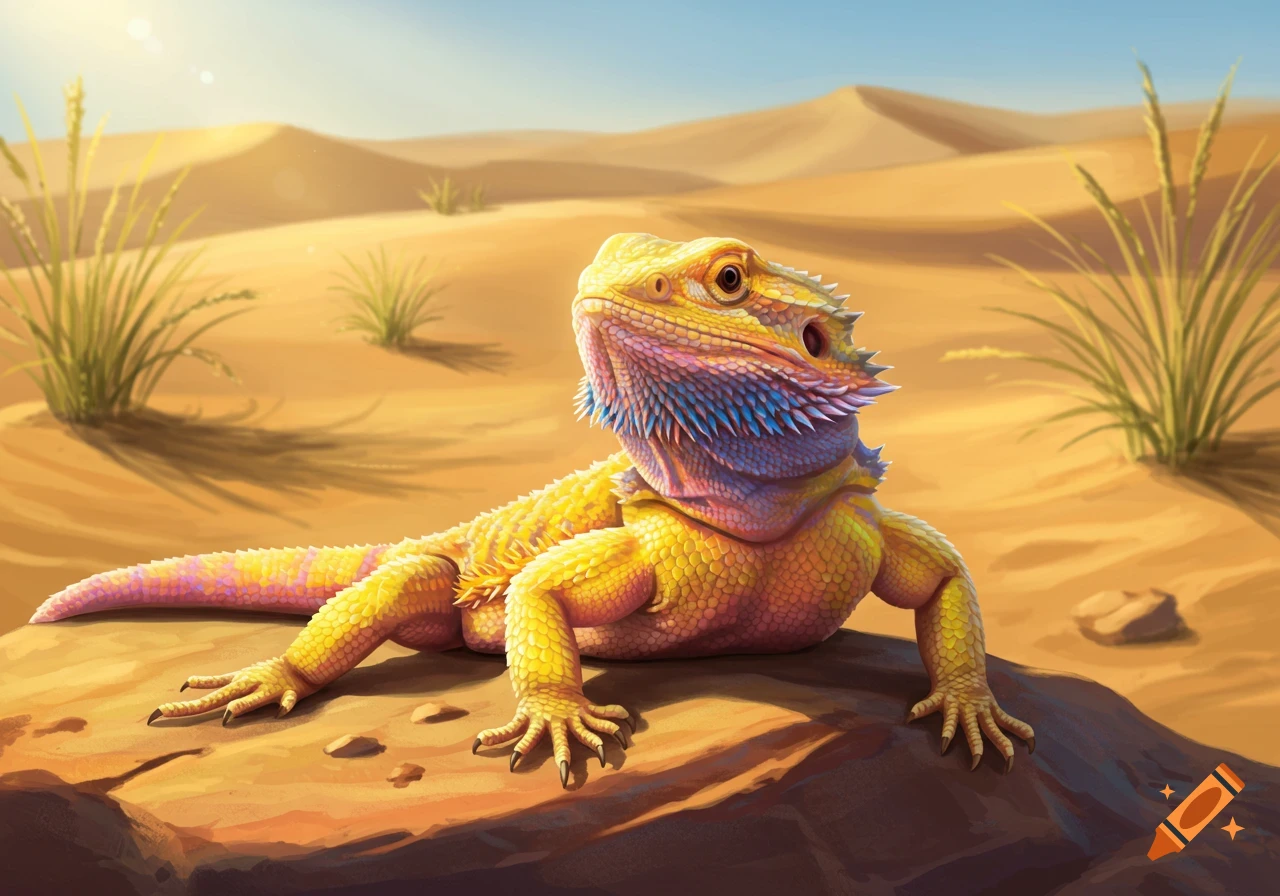 A colorful yellow bearded dragon with pink and blue markings rests on a rock in a sunny desert with sand dunes and sparse grass, digital painting.