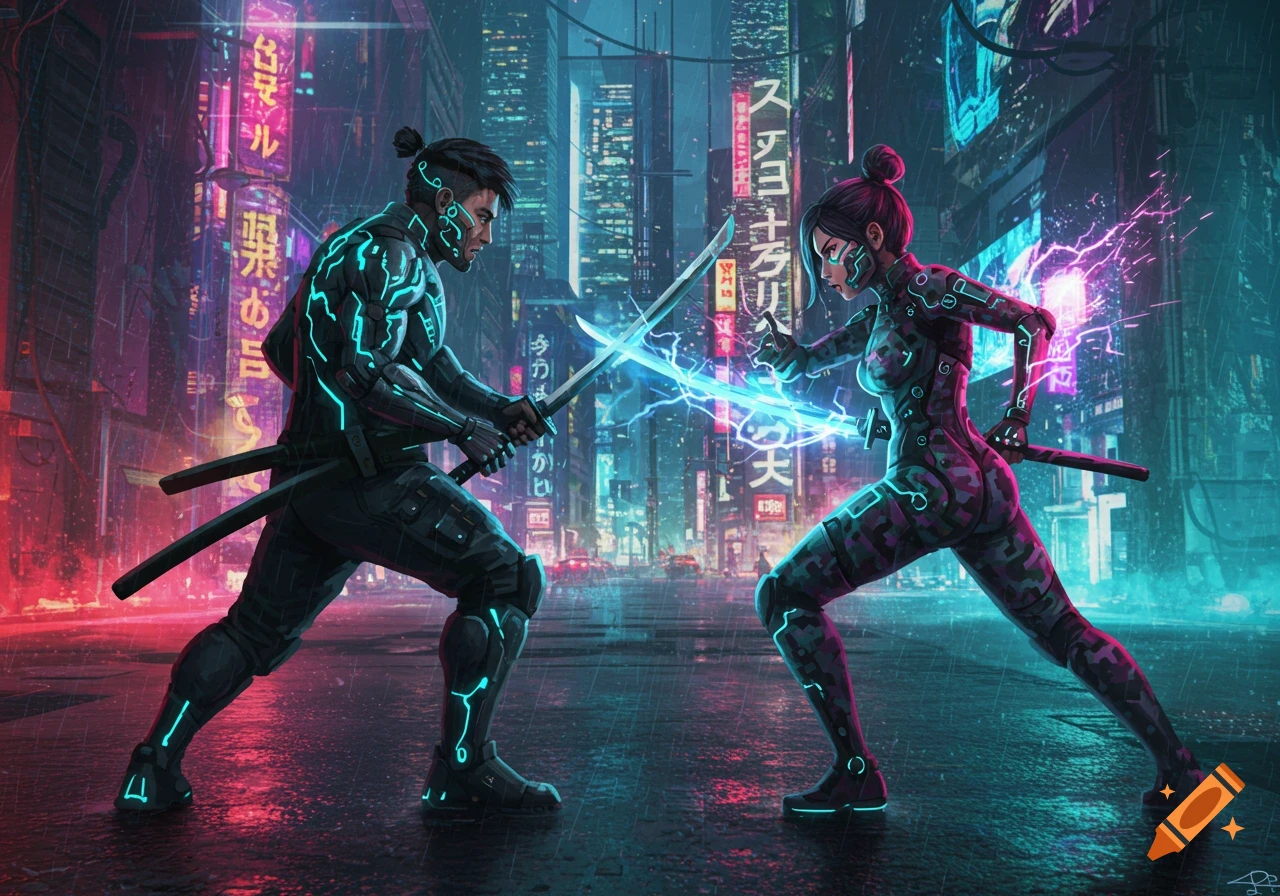 Two futuristic warriors in illuminated suits wield glowing energy swords, clashing on a rainy cyberpunk city street at night.