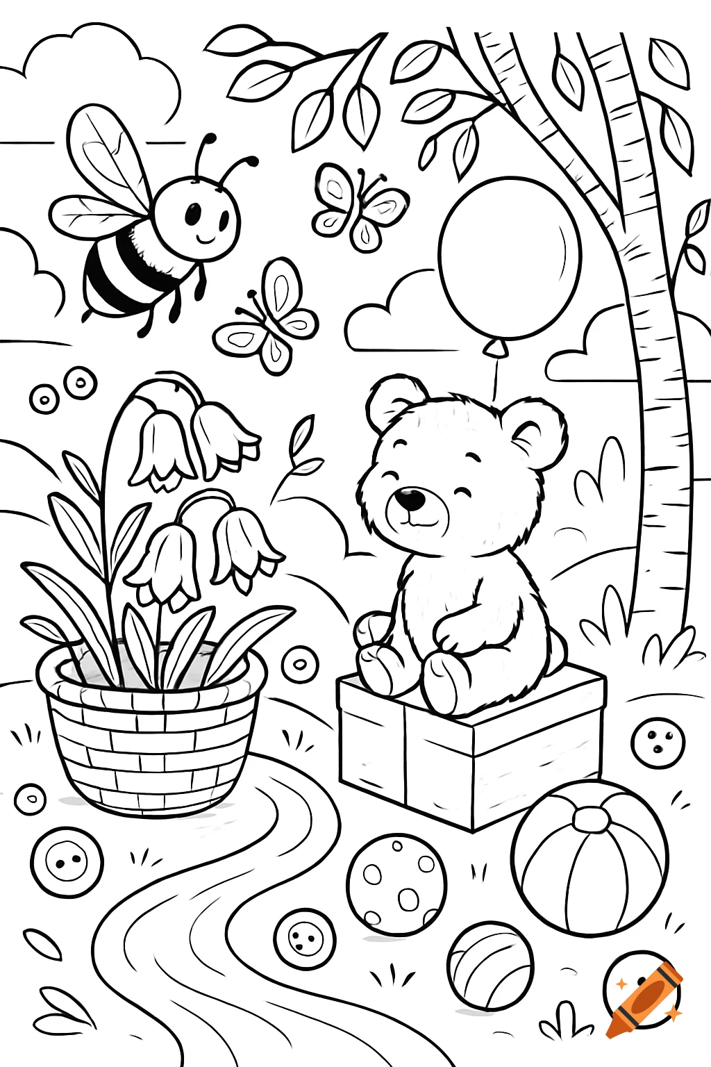 A cartoon coloring page of a teddy bear, a bee, and butterflies in a cheerful outdoor scene with flowers, a tree, a balloon, and balls.